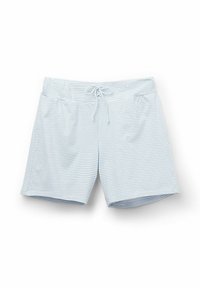 Lichtblauwe zwembroek met witte strepen, elastische tailleband en trekkoord. Voorzien van twee zijzakken en gestikt zoom. Zachte textuur.