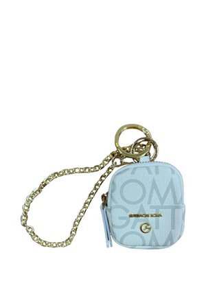 Piccola custodia per chiavi in pelle bianca con catena e anelli color oro, con testo in rilievo e chiusura con cerniera.
