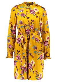 Långärmad skjortklänning i senapsgul satin med blommönster, knapplist, åtsittande midjeband och volangärmar.