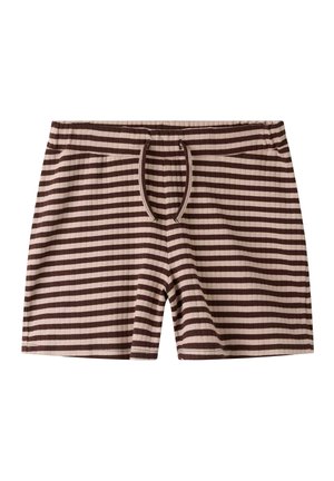 Brune og beige horisontale stripete strikkede shorts med elastisk midjebånd og frontjusterbar snor.