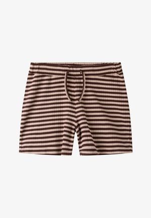 Shorts en maille à rayures horizontales marron et beige avec ceinture élastique et cordon de serrage à l'avant.