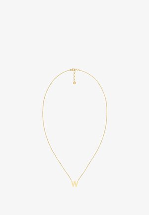 Gouden ketting met een eenvoudige "W" hanger, delicaat ontwerp met een fijne textuur, verstelbare lengte en sluiting met haak.