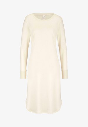 Langärmliges, cremefarbenes Kleid aus weichem Stoff, mit rundem Ausschnitt und gerippten Bündchen, sowie einem leicht geschwungenen Saum.