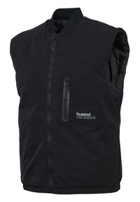 Schwarze ärmellose Weste aus leichtem Stoff, mit einem Reißverschluss vorne, seitlichen Taschen und einem Logo auf der linken Brust.