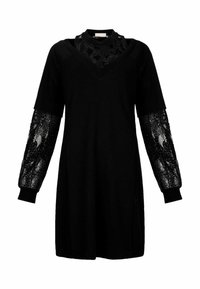 Abito nero con scollatura a V, maniche corte e dettagli in pizzo sulle maniche. Realizzato in tessuto morbido con una vestibilità comoda.