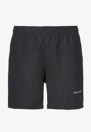 Schwarze Sportshorts mit einem elastischen Bund, aus einem glatten Stoff mit einem kleinen weißen Logo auf der unteren rechten Seite.