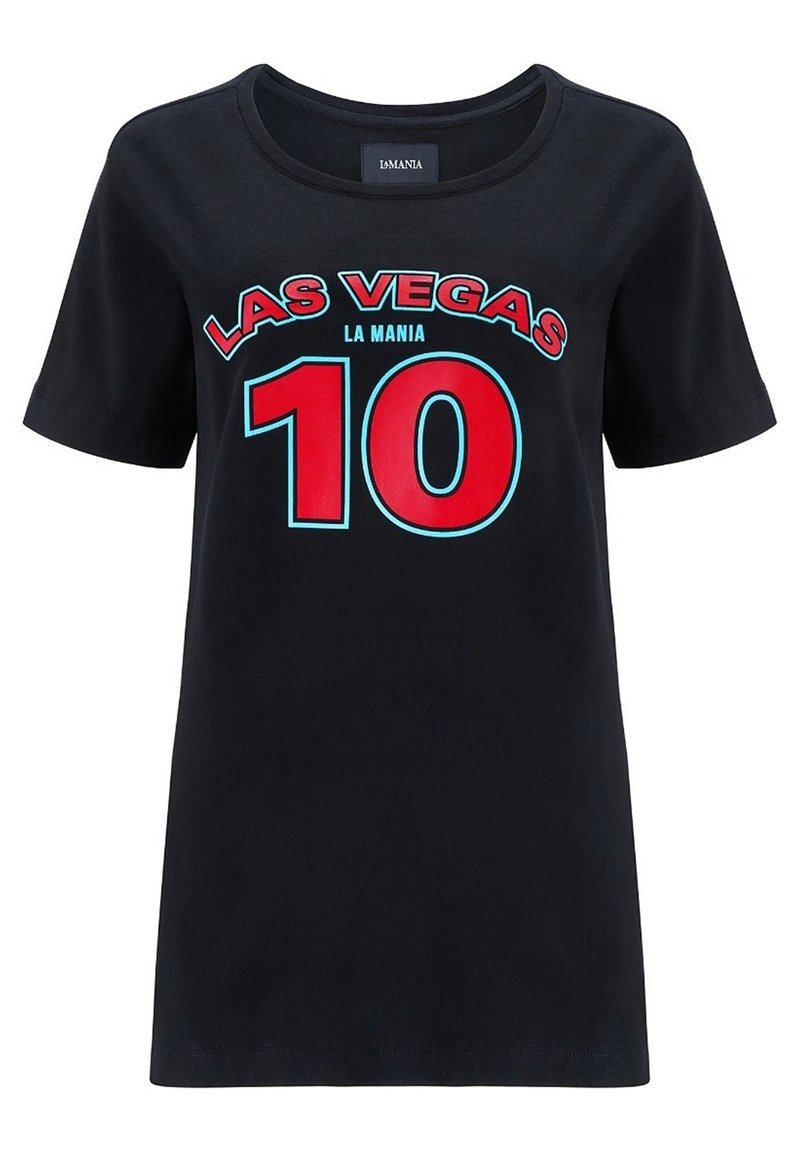Black cotton t-shirt with short sleeves featuring a bold red and blue graphic print stating "LAS VEGAS LA MANIA 10" on the front.