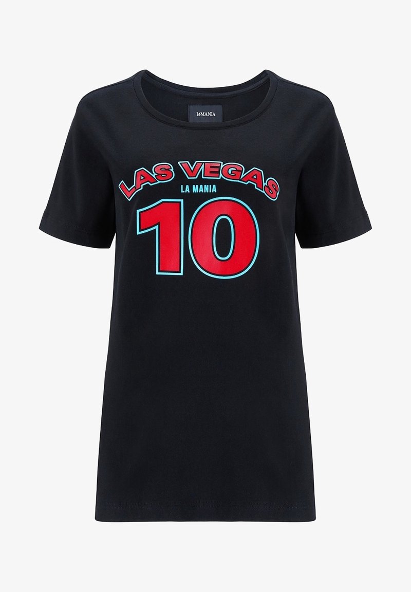Black cotton t-shirt with short sleeves featuring a bold red and blue graphic print stating "LAS VEGAS LA MANIA 10" on the front.