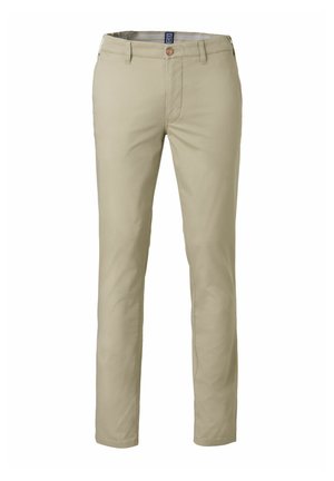 Beige rechte broek met lussen voor een riem, een knoop aan de voorkant en een ritssluiting, weergegeven op een witte achtergrond.