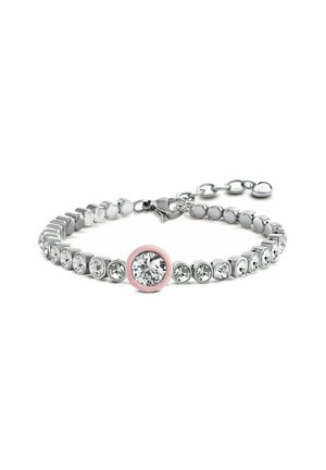 Bracciale d'argento con anelli circolari, con un grande cristallo trasparente centrale circondato da una montatura rosa. Chiusura con catena regolabile.