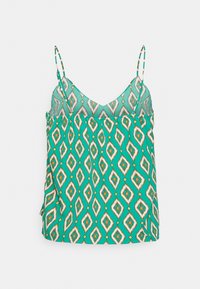 Camisola verde com padrão, com alças finas, apresentando formas de diamante em amarelo, laranja e branco. Material leve e fluido.