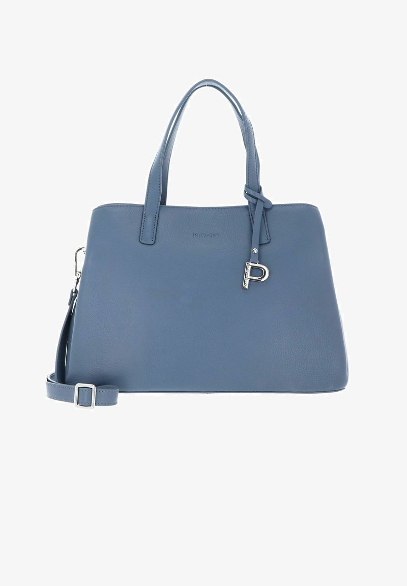 Blue leather tote bag with dual top handles, adjustable shoulder strap, and metal logo accent. Smooth texture, structured design.