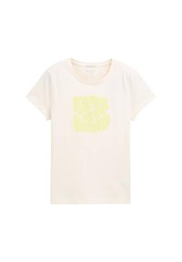 Light beige cotton t-shirt with a round neckline and short sleeves. Features a large, yellow graphic text "FEED YOUR MIND" in playful font.