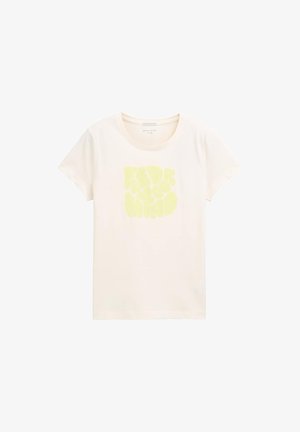 Helles beige Baumwoll-T-Shirt mit rundem Ausschnitt und kurzen Ärmeln. Merkmale einen großen, gelben grafischen Text "FEED YOUR MIND" in verspielter Schrift.