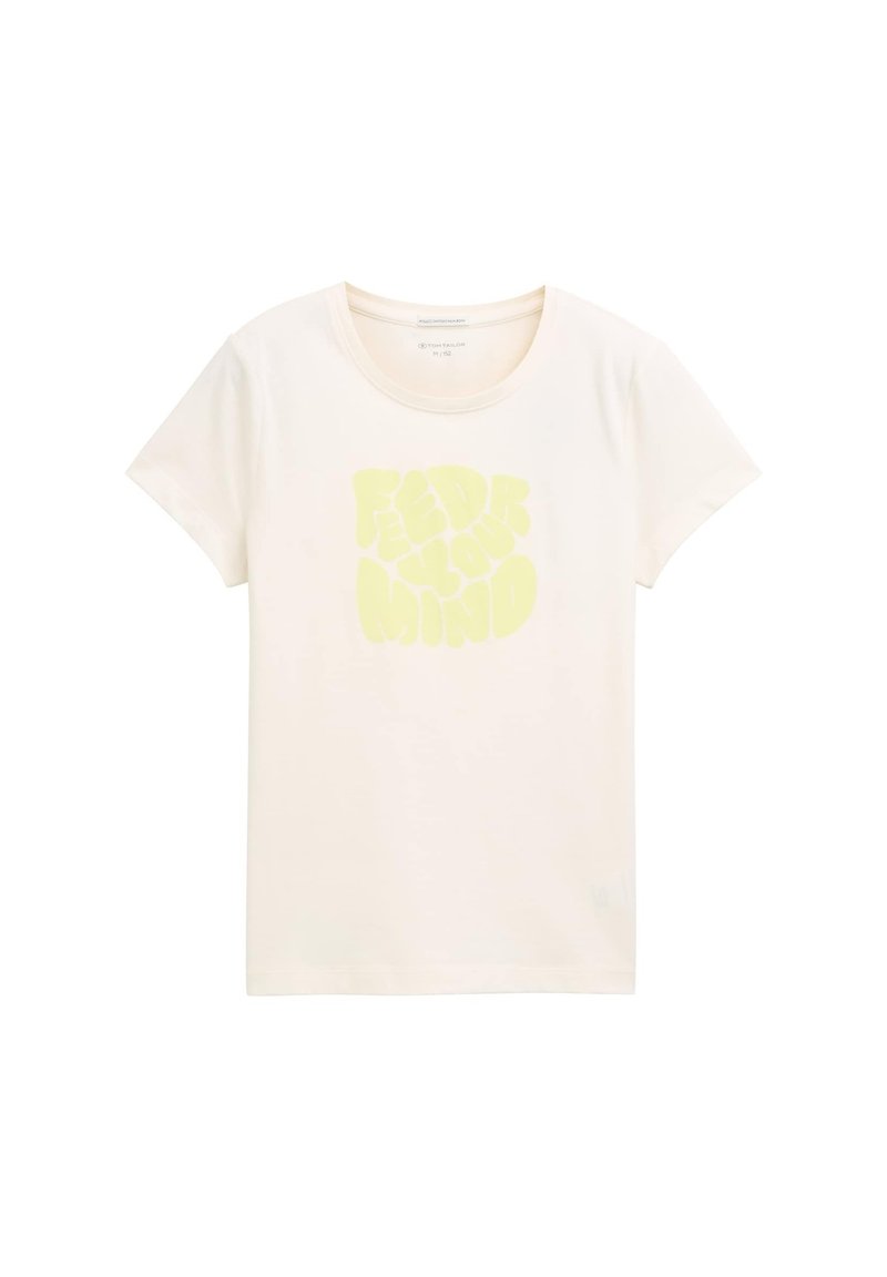 Light beige cotton t-shirt with a round neckline and short sleeves. Features a large, yellow graphic text "FEED YOUR MIND" in playful font.