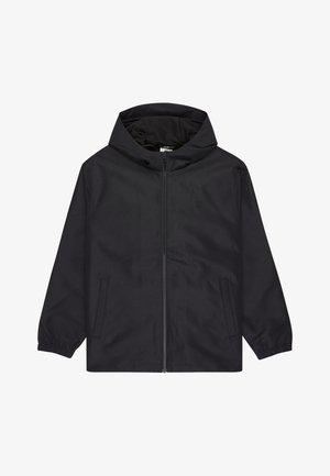 Black hooded jacket with front zipper, two side pockets, elastic cuffs, and subtle embroidered logo on the chest.