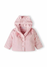 Rosa Plüschjacke mit Kapuze, die über Bärenohren verfügt, Knopfverschlüssen und langen Ärmeln, und zeigt eine weiche Textur sowie eine abgerundete Form.