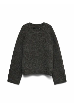 Pull en tricot gris foncé avec un col ras du cou, des manches longues et une coupe courte. Présente un tissu texturé avec des éclats multicolores.