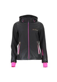 Sort lynlåslåsjakke med hætte, der har pink detaljer, prikket mønster på skuldre og sider, samt kontrastmanchetter. Lynlåslommer inkluderet.