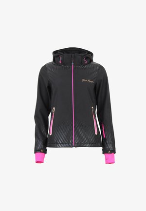 Veste noire zippée avec capuche, dotée d'accents roses, motif à pois sur les épaules et les côtés, et poignets contrastés. Poches zippées incluses.