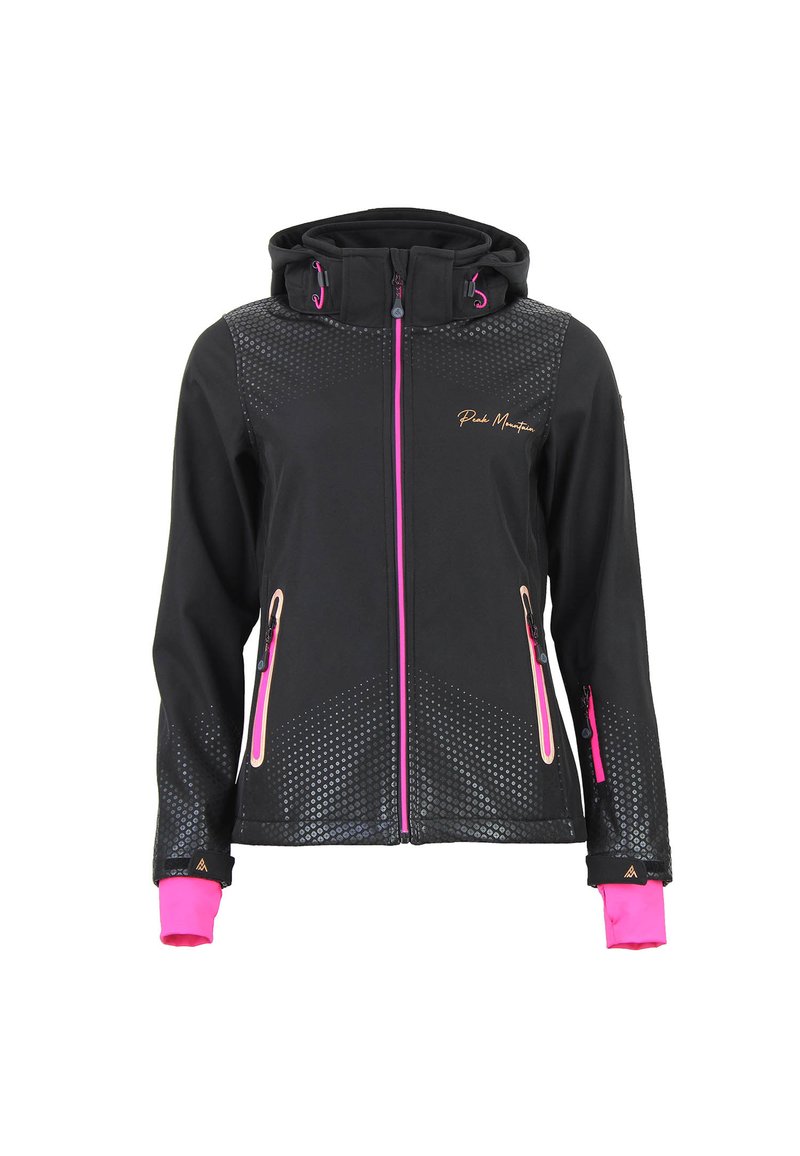 Sort lynlåslåsjakke med hætte, der har pink detaljer, prikket mønster på skuldre og sider, samt kontrastmanchetter. Lynlåslommer inkluderet.