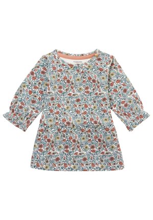 Robe à manches longues pour tout-petit avec motif floral et feuilles multicolores, encolure ronde et petits fronces aux poignets et à la poitrine.