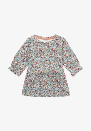 Langærmet kjole til småbørn med flerfarvet blomstermotiv og bladmønster, rund halsudskæring og små folder ved manchetter og bryst.