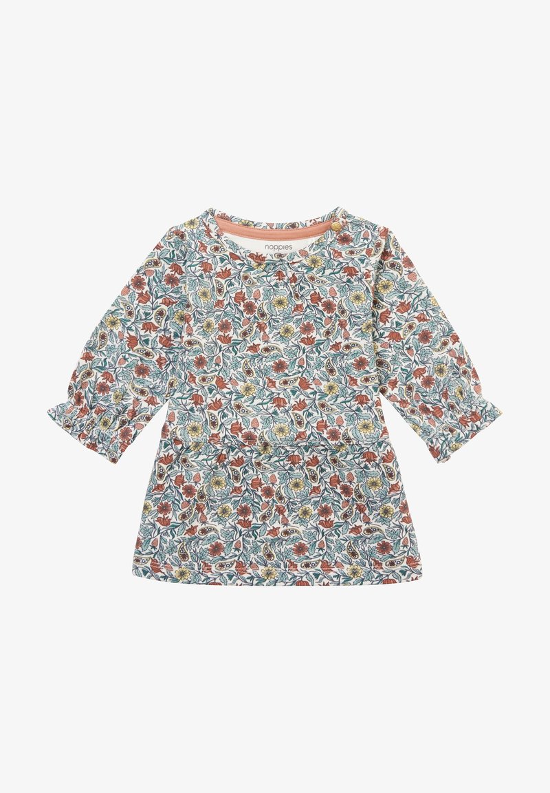 Robe à manches longues pour tout-petit avec motif floral et feuilles multicolores, encolure ronde et petits fronces aux poignets et à la poitrine.