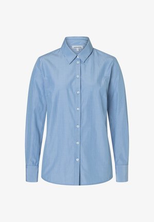 Hemd in Hellblau mit vertikalen weißen Streifen. Klassischer Kragen und lange Ärmel mit knöpfbaren Manschetten, aus einem glatten Stoff gefertigt.