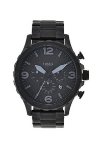 Montre en acier inoxydable noir avec un grand cadran noir, des index horaires argentés, des fonctionnalités de chronographe et des boutons latéraux. Résistante à l'eau jusqu'à 100 mètres.