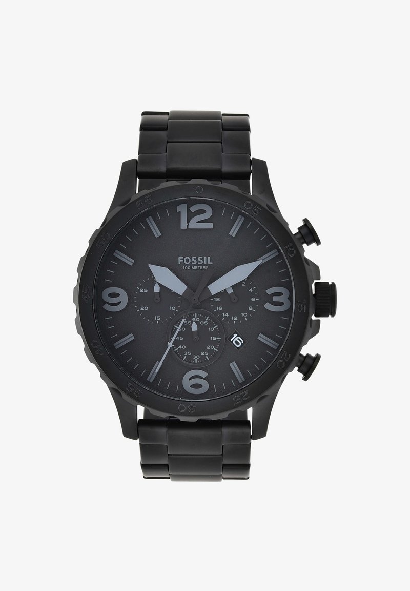 Orologio in acciaio inossidabile nero con ampio quadrante nero, indici delle ore argentati, funzioni cronografiche e pulsanti laterali. Impermeabile fino a 100 metri.