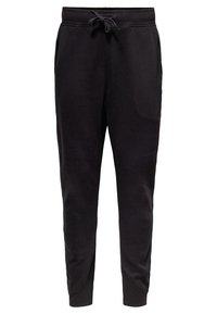 Svarta sweatpants gjorda av mjukt material, med ett elastiskt midjeband med snörning, sidofickor och avsmalnande ben.