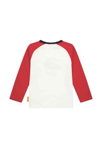 Long-sleeve T-shirt with a white body and red raglan sleeves, featuring a black neckline. Fabric appears soft with a smooth texture.