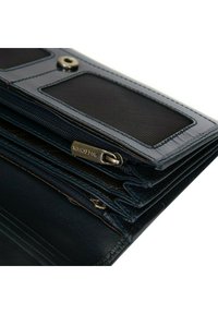 Navy leather wallet featuring multiple zippered compartments, a snap button closure, and mesh ID slots. Textured surface with contrasting stitching.