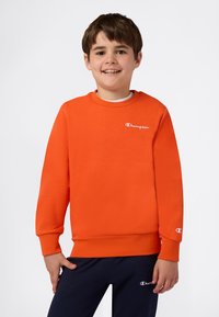 Pomarańczowy sweatshirt z okrągłym dekoltem i długimi rękawami. Posiada biały logo na klatce piersiowej i mankietach, wykonany z tkaniny bawełnianej.