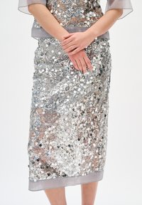 Hände verschränkt über einem knieumspielenden silbernen Paillettenrock mit einem transparenten grauen Saum und passendem transparentem Dreiviertelarm-Top.