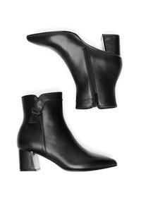 Črni gležnjarji iz usnja s koničastim prstom, z zadrgo in debelim prozornim peto. Imajo elegantno obliko in gladko teksturo.