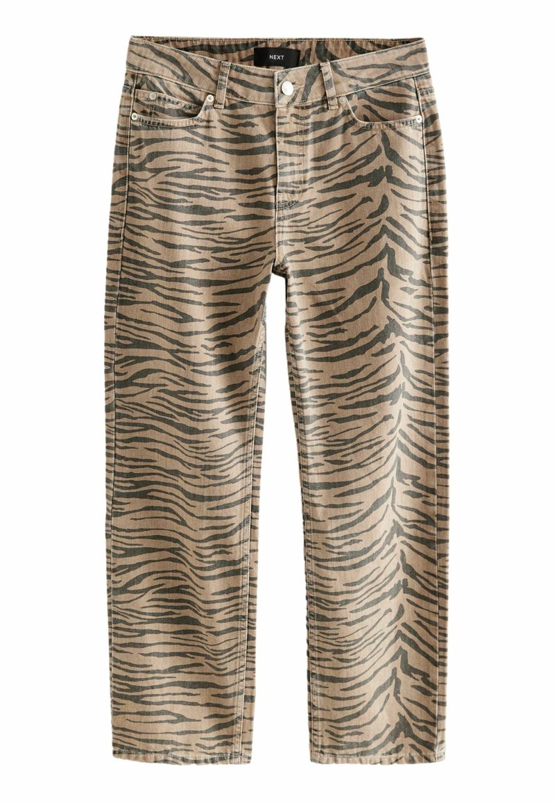 Beige denim jeans featuring a dark brown zebra stripe pattern, five-pocket design, and a straight leg cut.