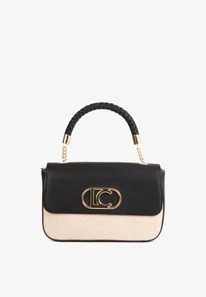 Black leather handbag with a woven black handle, featuring a gold logo and a beige fabric bottom. Structured design with gold accents.