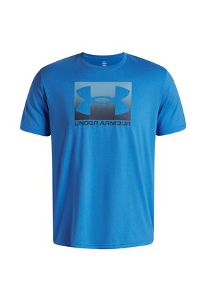 Blue short-sleeve t-shirt made of soft fabric featuring a large black Under Armour logo within a gradient square design.