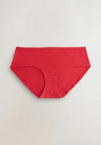 Red cotton hipster panties with a lace trim at the waistband, featuring a smooth texture and a mid-rise design.
