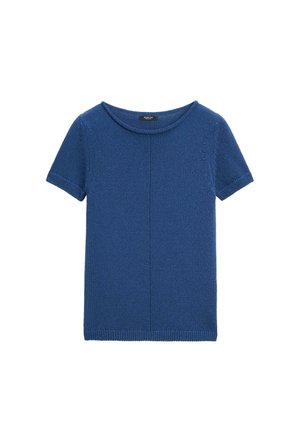 Blauer kurzärmeliger Strickpullover mit rundem Halsausschnitt und dezentem vertikalem Nahtdetail an der Vorderseite, vor weißem Hintergrund dargestellt.