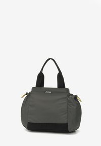 Sac en nylon gris avec accents noirs, doubles poignées de transport et fermeture zippée. Présente un logo discret à l'avant et une surface texturée.