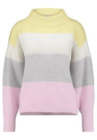 Pull en maille épaisse avec des rayures jaunes, blanches, grises et roses. Comprend un col montant et des poignets et un ourlet côtelés. Texture douce, coupe décontractée.