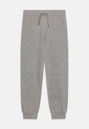 Grå sweatpants laget av myk stoff, med elastisk midjebånd med snor, og innsnevrede mansjetter ved anklene.
