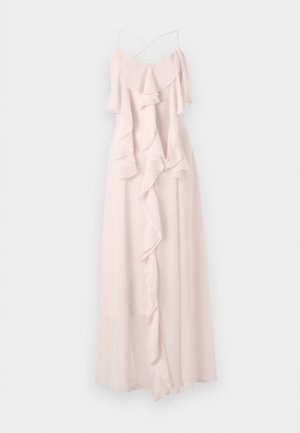 Robe longue de couleur rose pâle en tissu léger, avec des couches froncées et de fines bretelles ajustables avec un design croisé à l'arrière.