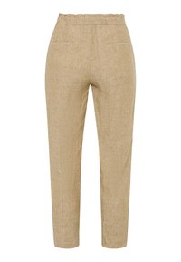 Pantaloni in lino beige con finitura testurizzata, vita elastica con dettaglio arricciato e due tasche posteriori. Design a gamba dritta.