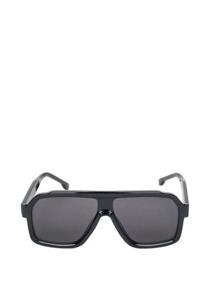 Lunettes de soleil rectangulaires noires avec des montures épaisses et des verres teintés foncés, vues de face sur fond blanc.