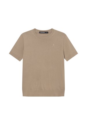 Beige Strick-T-Shirt mit kurzen Ärmeln, Rundhalsausschnitt und dezent auf der linken Brust eingesticktem Logo.