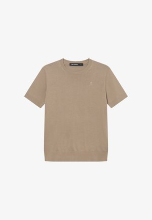 Beige Strick-T-Shirt mit kurzen Ärmeln, Rundhalsausschnitt und dezent auf der linken Brust eingesticktem Logo.